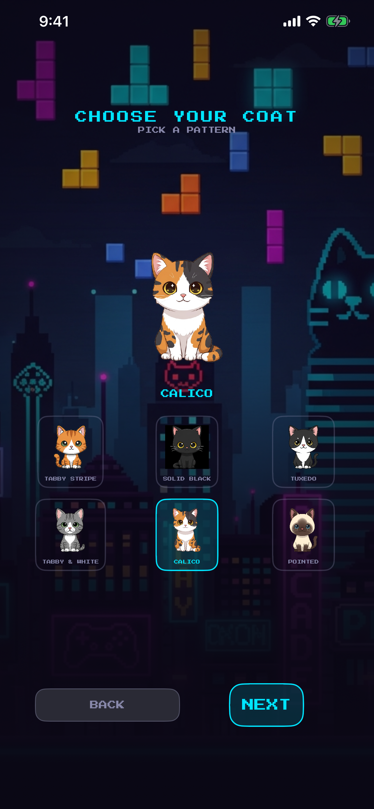 Meet your cat — pick a body, color, and name