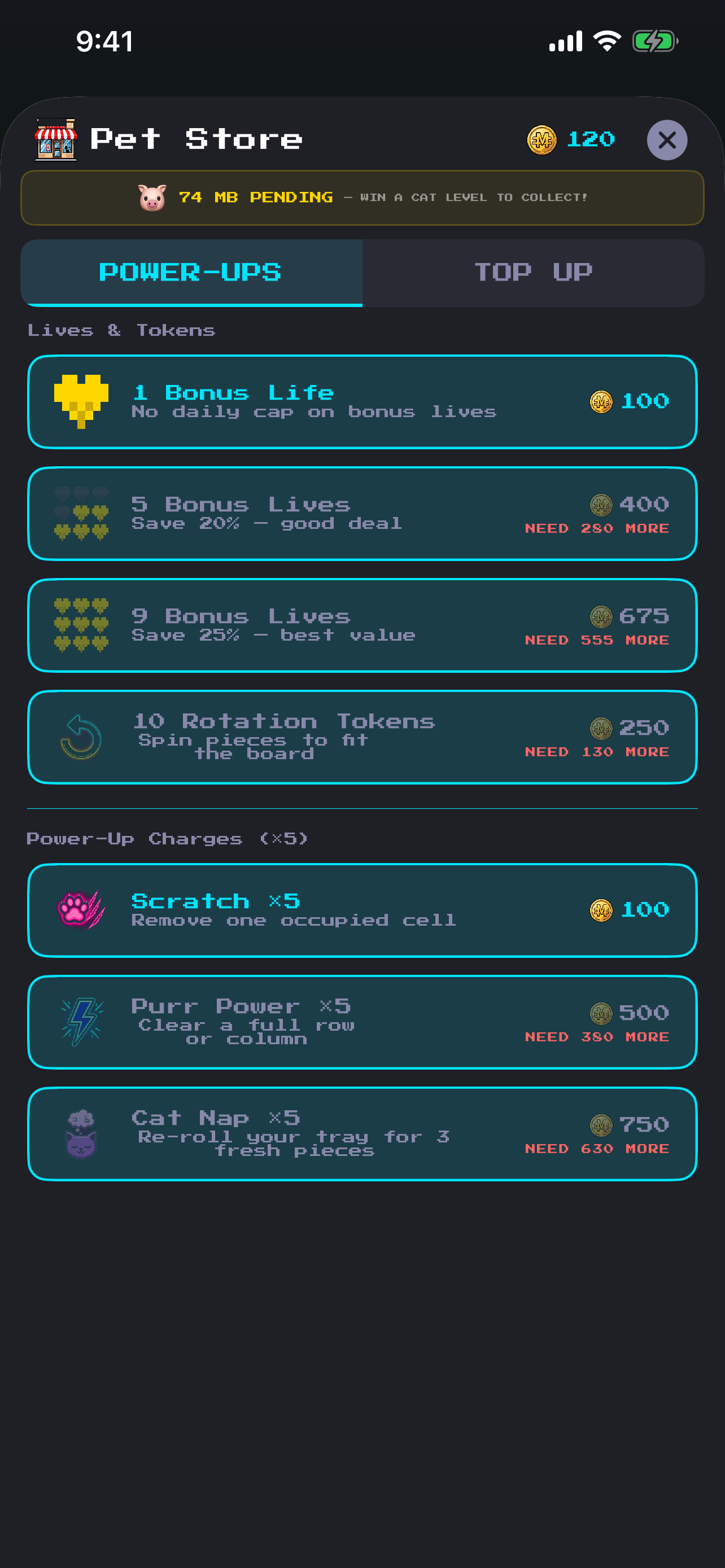 Pet Store — spend Meow Bucks on cosmetics, lives, and power-ups