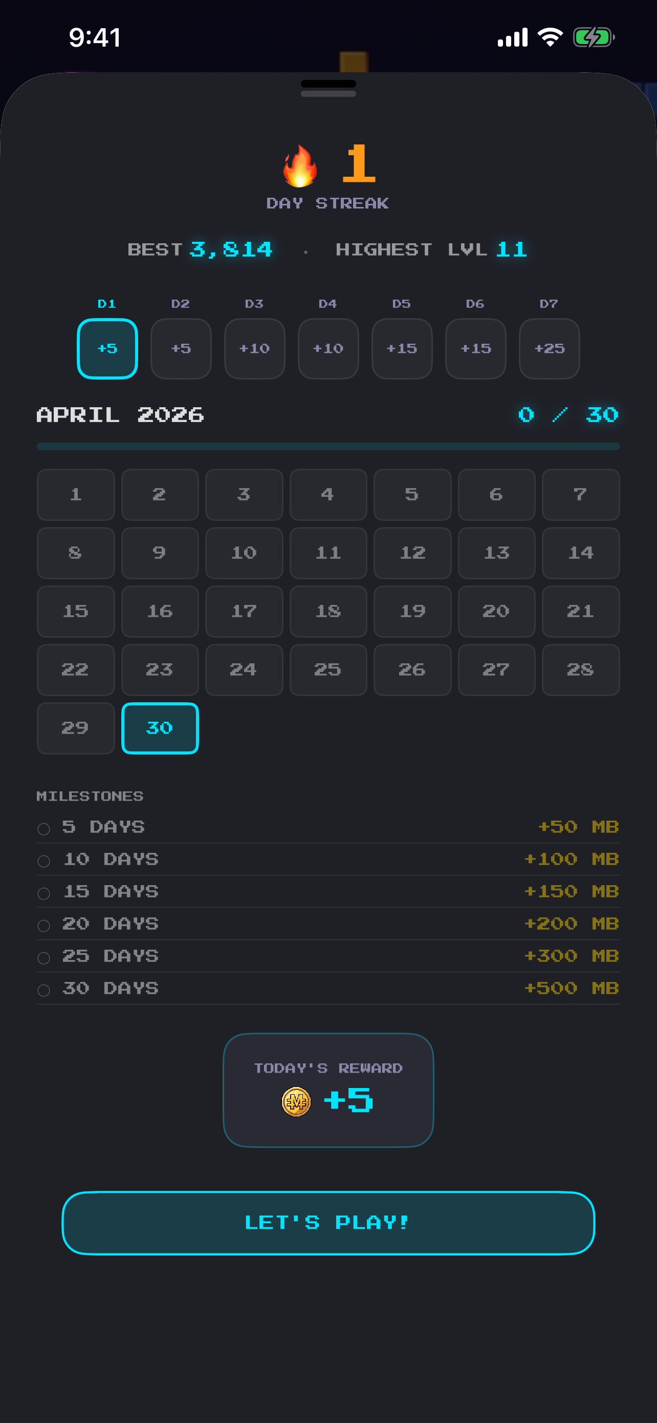Streaks — 7-day cycle and monthly milestones